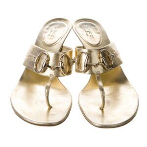 IOB AUTHd Gucci Gold Nappa Silk GG Marmont KittenHeelSandal Horsebit Gld Leather